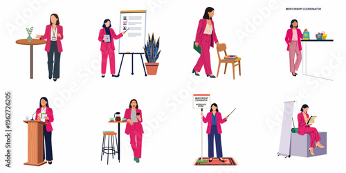 Collection of flat illustrations featuring a professional woman in business attire performing various roles including mentorship coordinator, public speaker, and workshop leader.