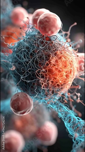 Autophagy cellular degradation. Fasting. Lysosomal recycling. Biological balance. Longevity. Close-up view of cells with complex network structures in a microscopic environment