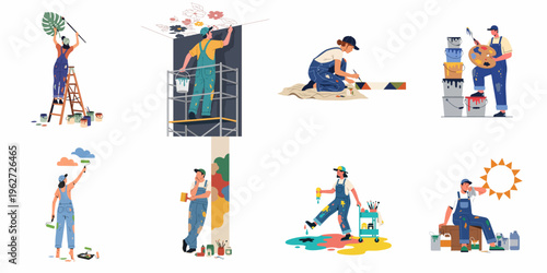 Collection of diverse painters and artists working on interior design, murals, and home renovation projects in a flat vector illustration style.