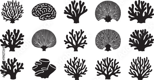 Collection of coral reef silhouettes and brain coral illustrations