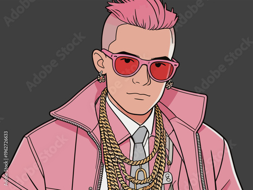 Young man with pink hair wearing sunglasses and chains stands against a dark background in a stylish and modern setup