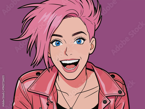 Young woman with pink hair smiles while wearing a pink leather jacket against a purple background in a digital illustration