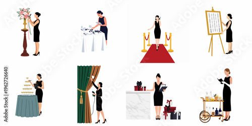 Flat illustration of professional female event planners and coordinators managing various tasks at a luxury gala, wedding, or corporate event.