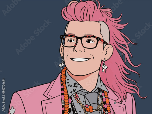 Young person with pink hair and glasses wearing colorful accessories and a jacket stands against a dark background