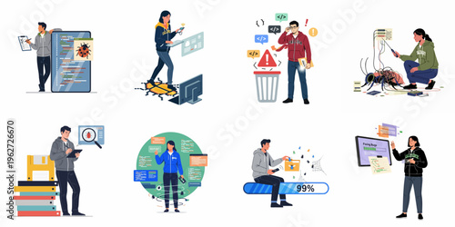 Collection of software developers and testers debugging code, fixing program errors, and performing quality assurance tasks in a set of modern flat illustrations.