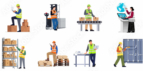 Set of vector illustrations depicting diverse warehouse and logistics workers managing inventory, shipping, and technology in a modern supply chain environment.