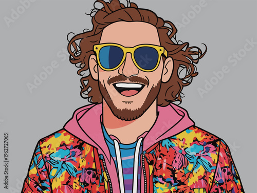 Person with brown curly hair and sunglasses wears colorful jacket and smiles against a gray background