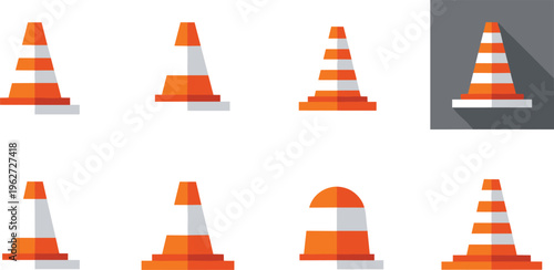 Traffic Cone Icons Set with Road Construction Cones, Safety Warning Cones, and Roadwork Vector Icon Collection
