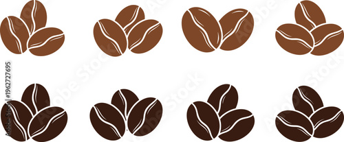 Coffee Beans Icon Set with Roasted Coffee Bean Symbols, Cafe Ingredient Icons, and Coffee Shop Vector Collection