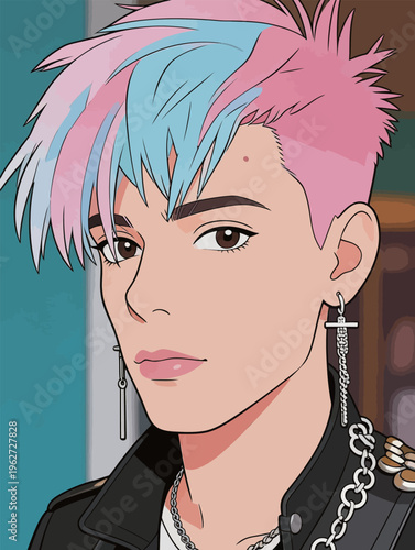 Young person with colorful hair and earrings looking towards the viewer in a casual setting with a blue background