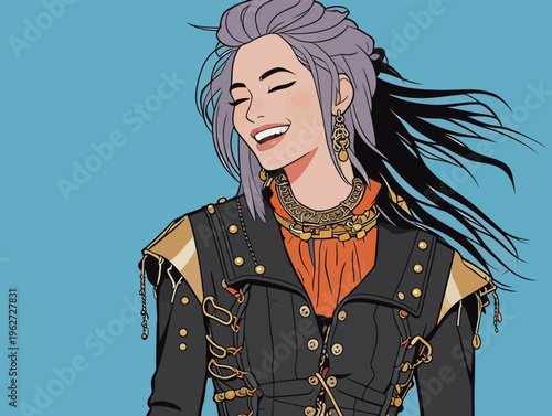 Portrait of a woman with long hair smiling while wearing a stylish outfit and accessories against a blue background