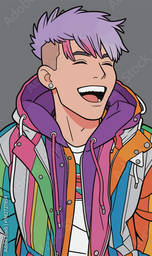 Boy with purple hair wearing colorful jacket smiles while laughing in front of a gray background during daytime