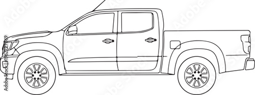 Vector pickup truck, side view, line drawing, illustration, automotive design