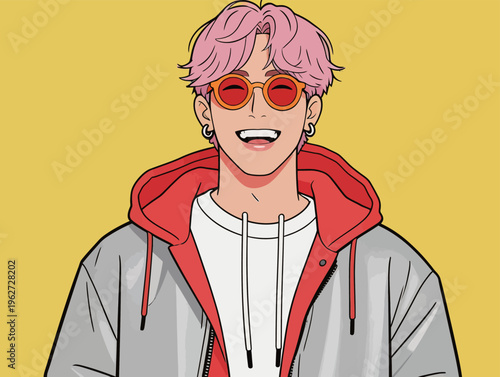 Young man with pink hair smiles while wearing sunglasses and a red jacket in front of a bright yellow background