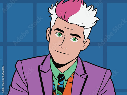 Colorful character with bright hair and bold outfit sitting in front of a blue background, smiling and engaging with an audience during a live show