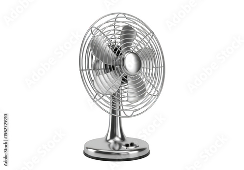 3d icon of a silver desk fan with a metal grill and three blades, isolated on transparent background