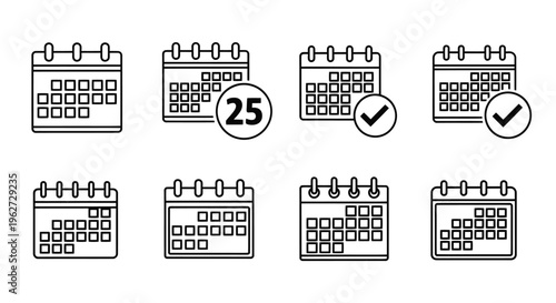 Collection of calendar icons depicting different dates with check marks for scheduling and planning.