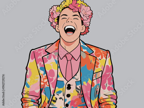 Man dressed in floral suit with colorful flowers on his head smiles and laughs in bright setting
