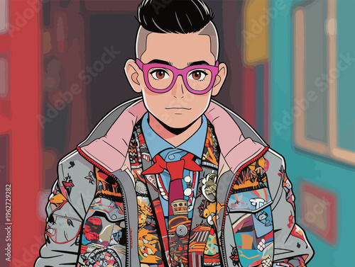 Fashionable young man stands confidently in a colorful outfit with glasses and a stylish jacket in a city setting during the day