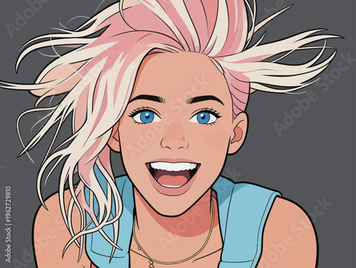 Young woman with pink hair smiles widely with blue eyes against a gray background