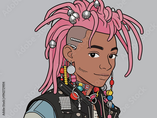 Person with pink hair and many accessories poses in a simple style, showcasing unique fashion sense and creativity
