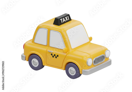 3d icon of a 3d render of a cute yellow cartoon taxi car with a black taxi sign, isolated on transparent background