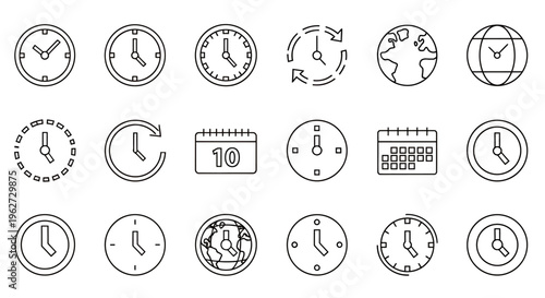 Collection of grayscale clock icons and timepiece illustrations in a set.