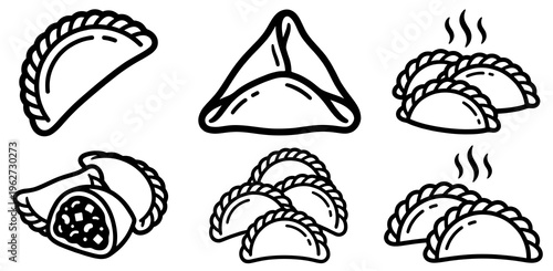 Delicious traditional empanadas vector line art set. Stuffed meat pastry, baked dough, hot snack, cut open pie, and cooking illustration outline isolated on white background.