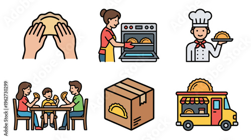 Delicious empanadas vector set. Family eating, woman baking, chef, delivery box, food truck icons. Traditional latin american pastry cooking and enjoying flat line illustration.