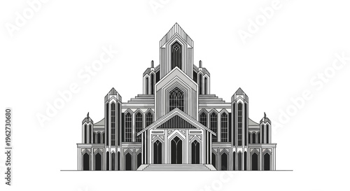 Gothic Revival Architecture Building Facade - Black and White Illustration