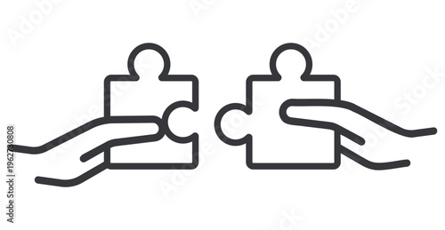 Isolated monochrome outline pictogram of two hands joining puzzle pieces representing teamwork, collaboration, cooperation, problem solving, and unity concept