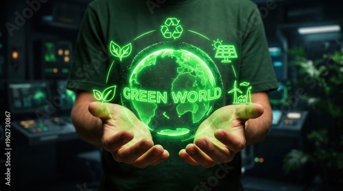 Person in green shirt holding a vivid green digital Earth projection with environmental icons in a dark futuristic setting signifying a sustainable fu