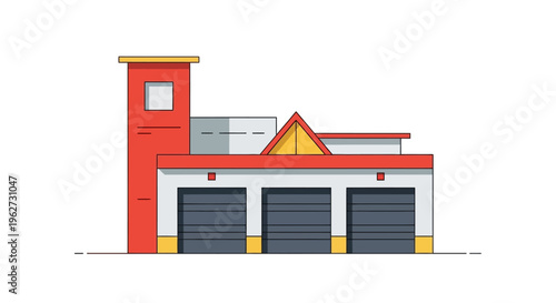 Modern Fire Station Building with Three Garage Doors, Flat Design