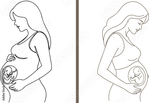 Minimalist vector set illustrating pregnancy with elegant line art profiles of expectant mothers and a vibrant pink outline version showing a fetus developing in the womb.
