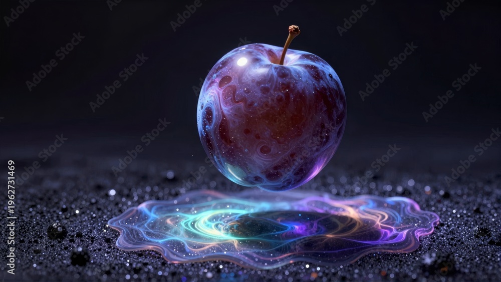 Fototapeta premium Cosmic apple floating above liquid galaxy swirls