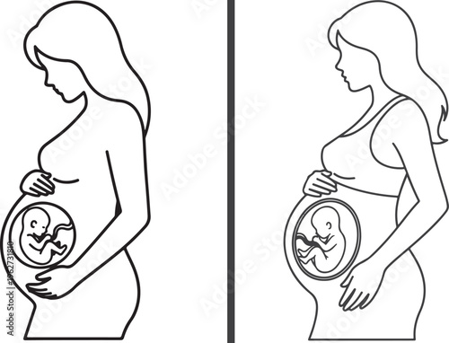 Two minimalist line art illustrations: a black outline of a fetus with a heart-shaped umbilical detail, and a vibrant blue silhouette of an expectant mother showing the fetus in the womb.