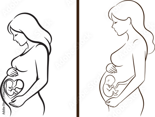 Minimalist vector set illustrating pregnancy with a black line art profile of an expectant mother and a vibrant purple outline version showing a fetus developing in the womb.