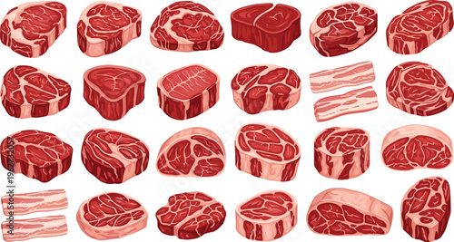 Raw meat cuts vector collection with detailed beef, pork, and steak pieces, including ribs, bacon, and fillets, perfect for butcher, food, and culinary design projects