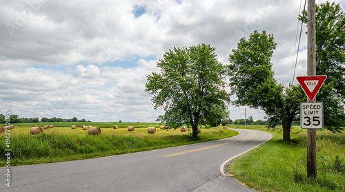 A winding asphalt road curves through a grassy field dotted with round hay bales under a cloudy sky with trees and traffic signs nearby rural country landscape summer nature