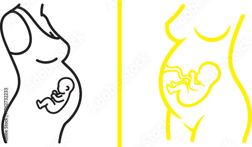 Minimalist vector set illustrating pregnancy with a black line art profile of an expectant mother and a vibrant yellow outline version showing a fetus developing in the womb.