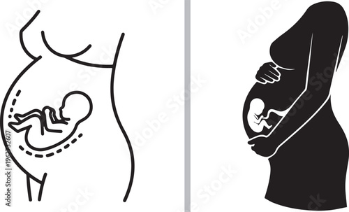 Minimalist vector set featuring line art and solid silhouettes of a pregnant woman, showcasing a fetus developing in the womb to represent maternity and prenatal health.