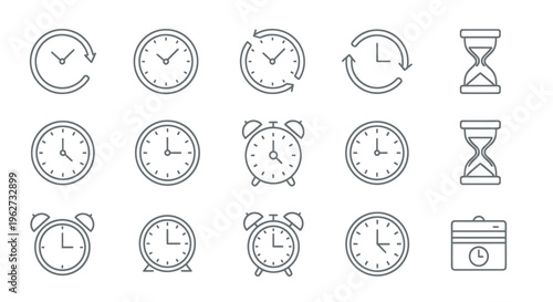 Collection of Clock Icons Showcasing Various Timekeeping Styles and Poses.