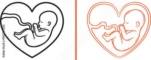 Minimalist line art vector featuring a fetus nestled within a heart shape, symbolizing prenatal love. Presented in a bold black outline and a vibrant orange double-lined style.