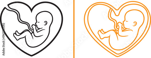 Two minimalist vector icons of a fetus within a heart-shaped womb. One features clean black outlines, while the other uses a bold double-line orange design to symbolize prenatal life and warmth.