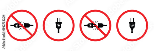 Icon set without a power outlet. A red prohibition or forbidden sign with a plug or electrical cord. Vector illustration