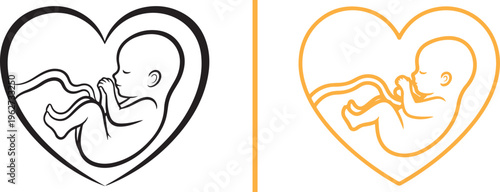 Two minimalist vector icons of a fetus within a heart-shaped womb. One features bold black lines, while the other uses a vibrant orange outline to represent warmth, prenatal life, and energy.