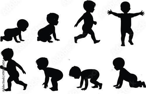 Set of Baby Development Silhouettes Showing Growth Stages from Crawling to Walking and Running Toddler Steps Milestone Flat Vector Illustration
