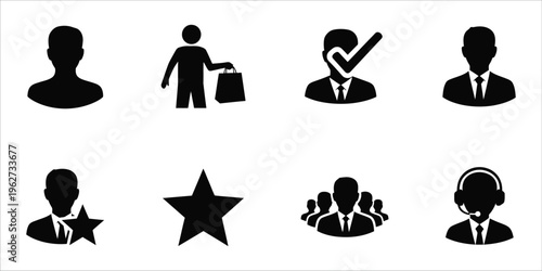 Eight black silhouette icons representing business concepts