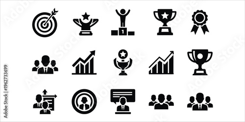 Collection of achievement and business icons in black and white