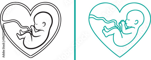 Two minimalist vector icons showing a fetus inside a heart-shaped womb. The design features clean black and teal outlines, symbolizing maternal love and the beginning of life.